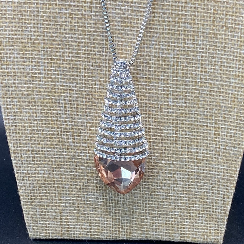 Unsigned Silver Tone Statement Necklace Vintage Peach Rhinestone 34"